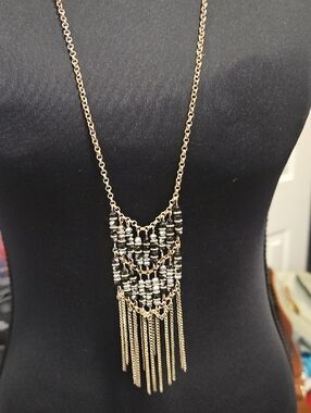 Gold-Tone Fringe Pendant Necklace with Black and Silver Beads